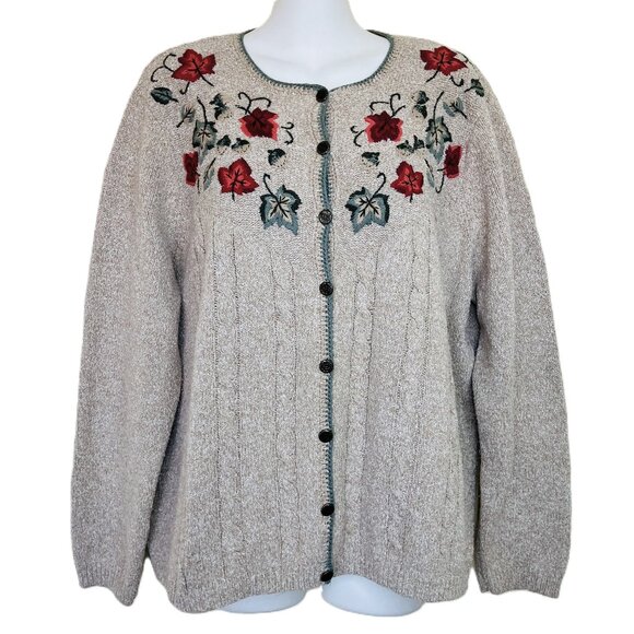Northern Reflections Autumn Leaves Cardigan Sweater Cable Knit Vintage Y2K - Picture 1 of 8